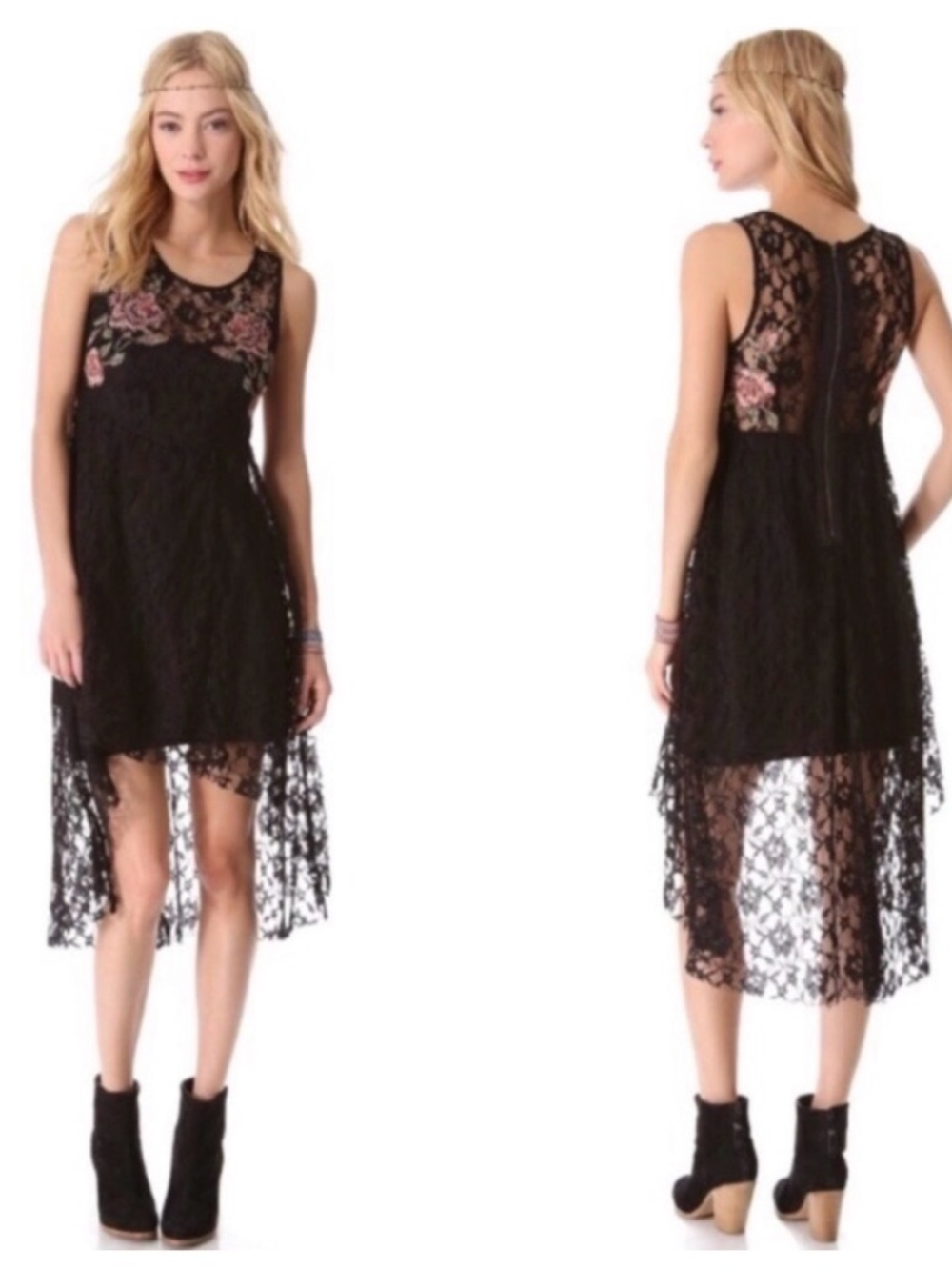Free People Size Medium Black Lace High-Low Russian Doll Dress Rose Embroidery